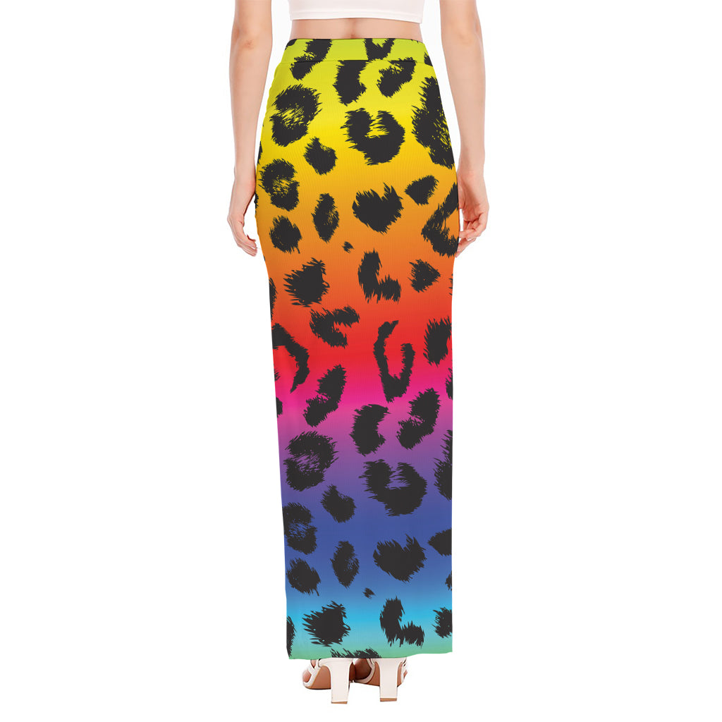 Rainbow Leopard Print High Slit Maxi Skirt