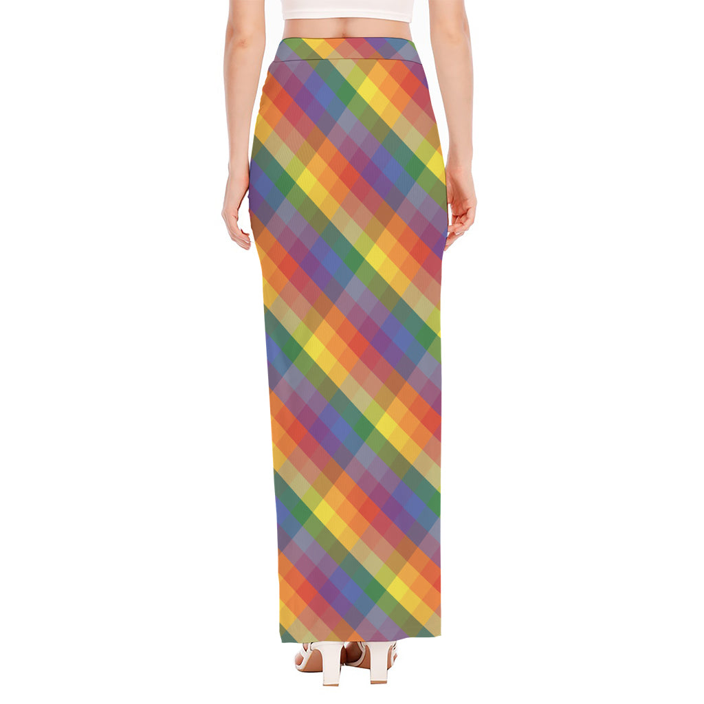 Rainbow LGBT Plaid Pattern Print High Slit Maxi Skirt