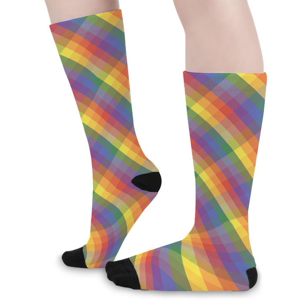 Rainbow LGBT Plaid Pattern Print Long Socks