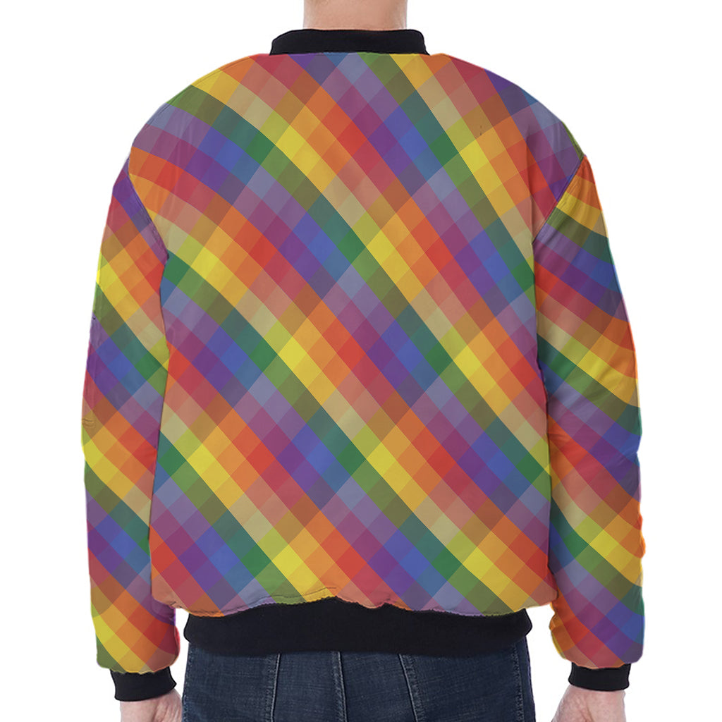Rainbow LGBT Plaid Pattern Print Zip Sleeve Bomber Jacket