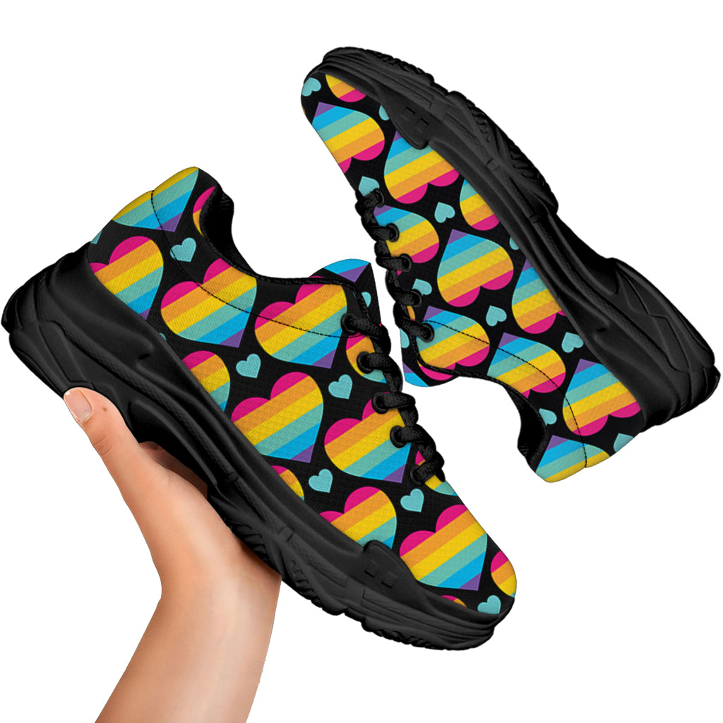 Rainbow LGBT Pride Heart Pattern Print Black Chunky Shoes