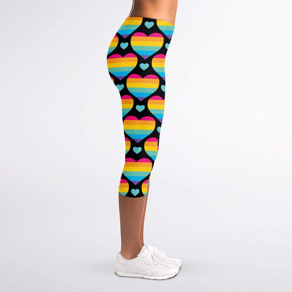 Rainbow LGBT Pride Heart Pattern Print Women's Capri Leggings