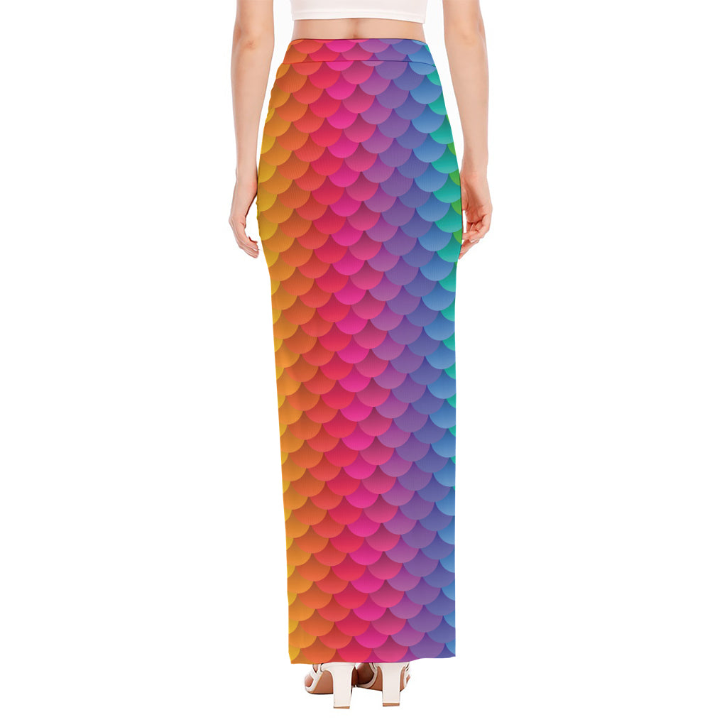 Rainbow Mermaid Scale Pattern Print High Slit Maxi Skirt