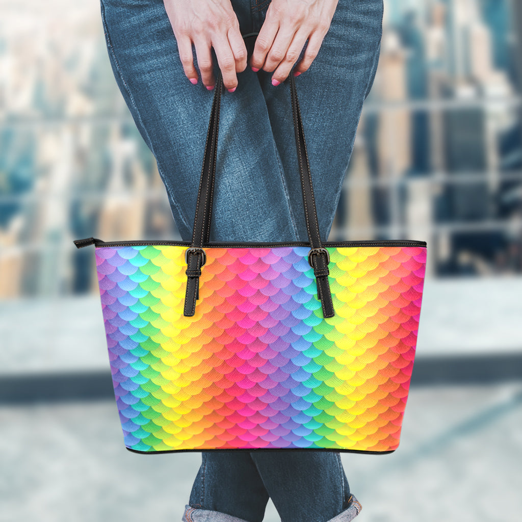Rainbow Mermaid Scale Pattern Print Leather Tote Bag