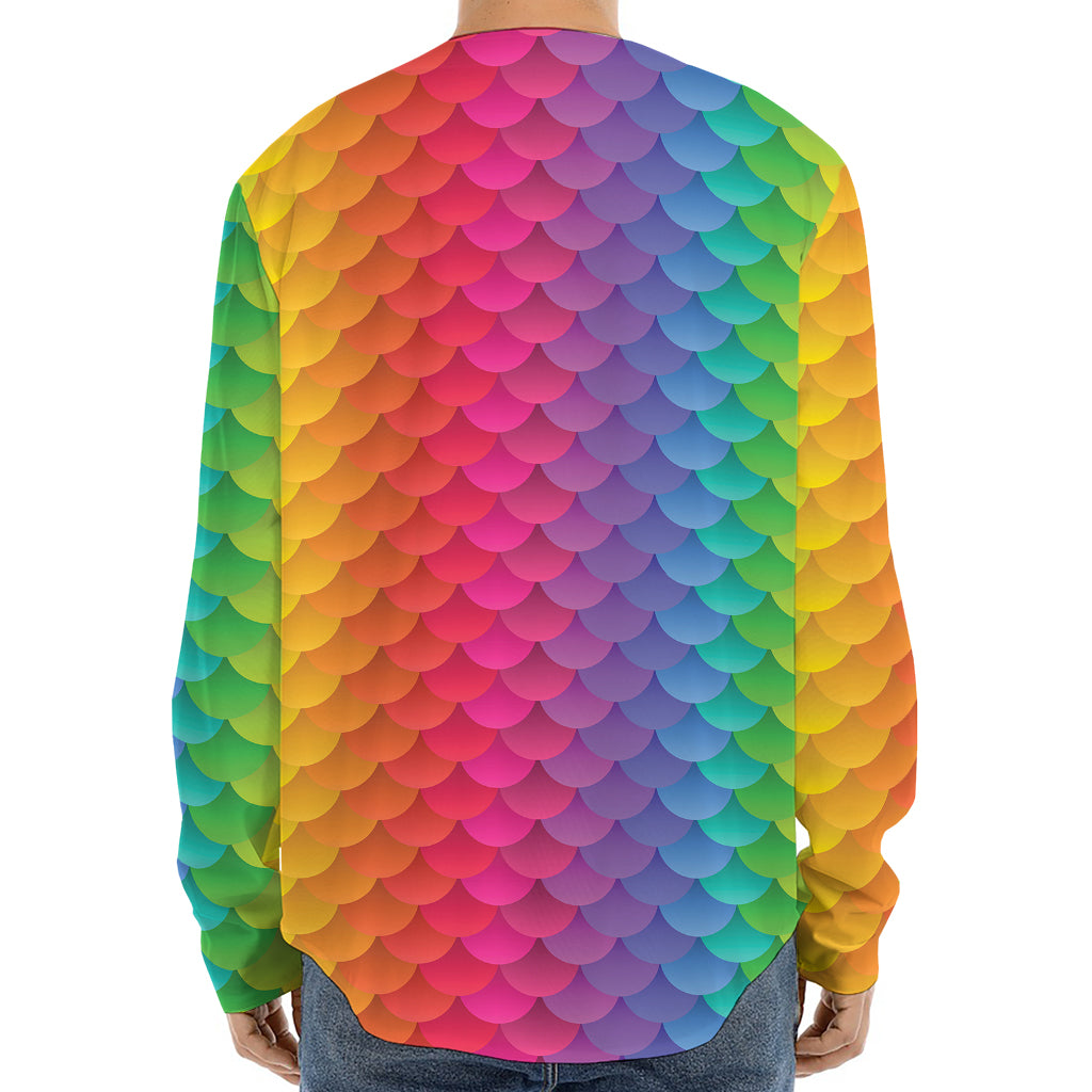 Rainbow Mermaid Scale Pattern Print Long Sleeve Baseball Jersey