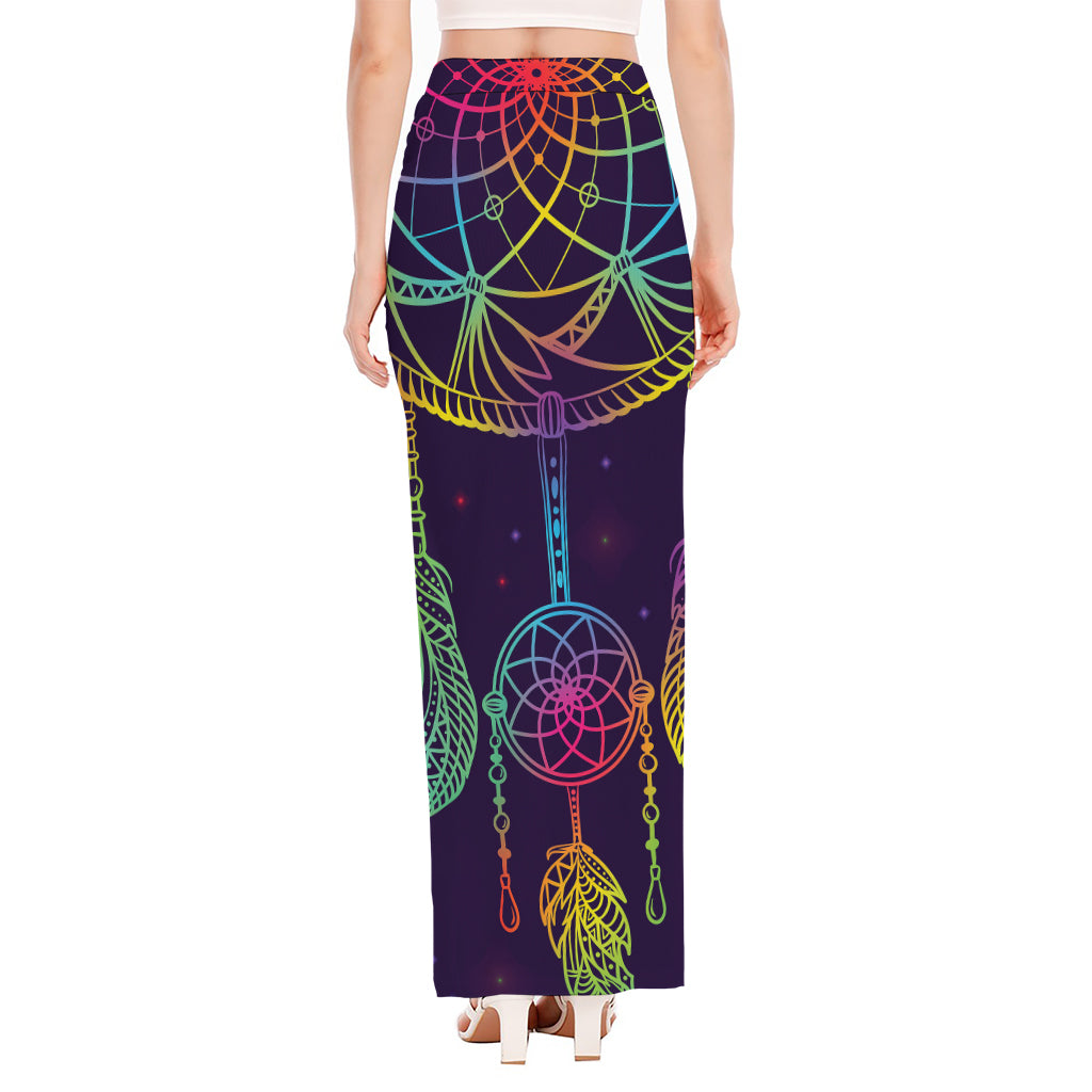 Rainbow Native Dream Catcher Print High Slit Maxi Skirt