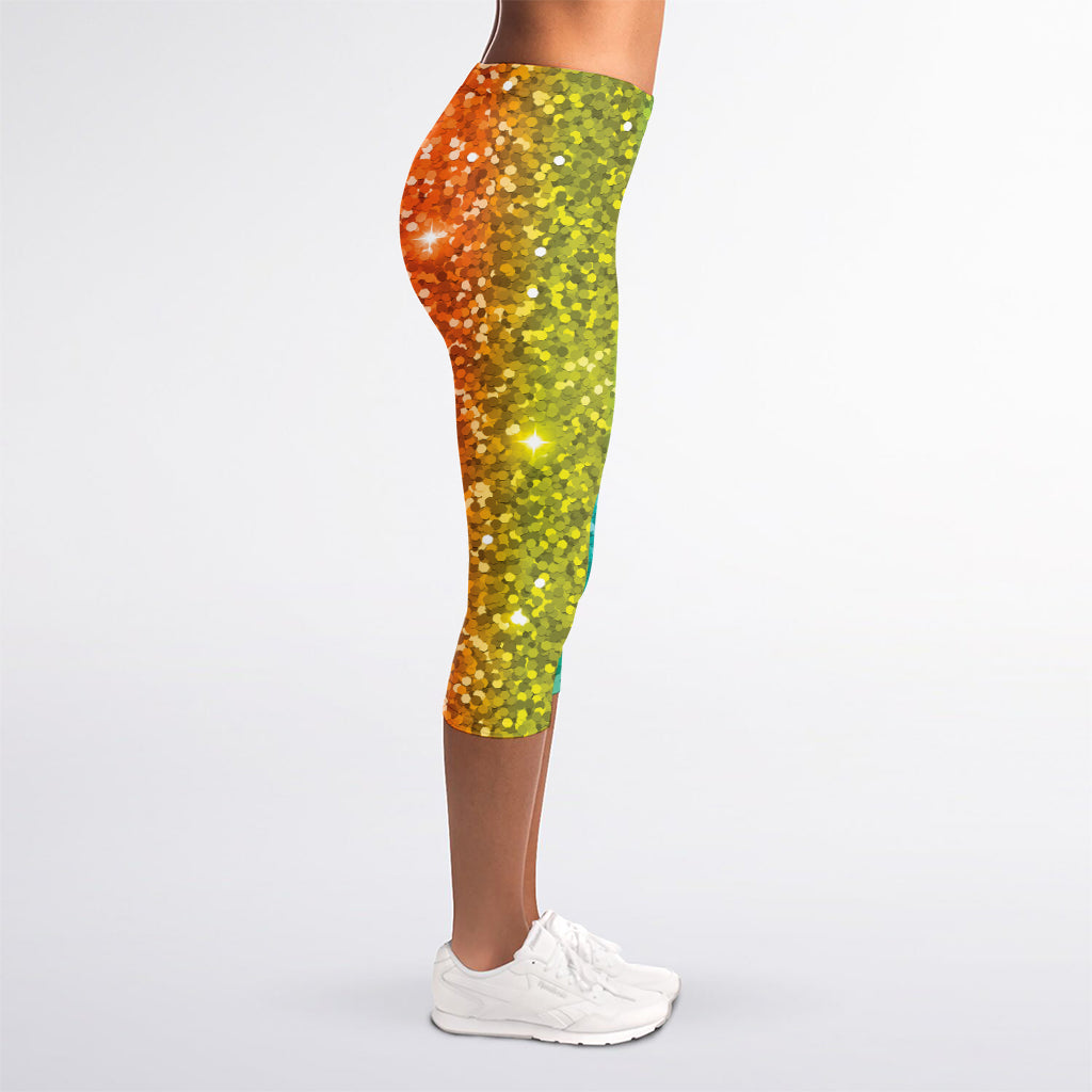 Rainbow (NOT Real) Glitter Print Women's Capri Leggings