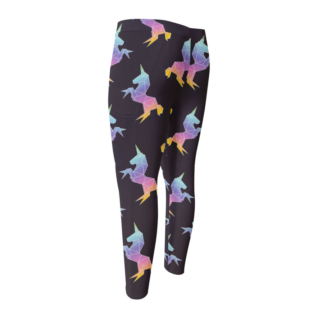 Rainbow Origami Unicorn Pattern Print Men's Compression Pants