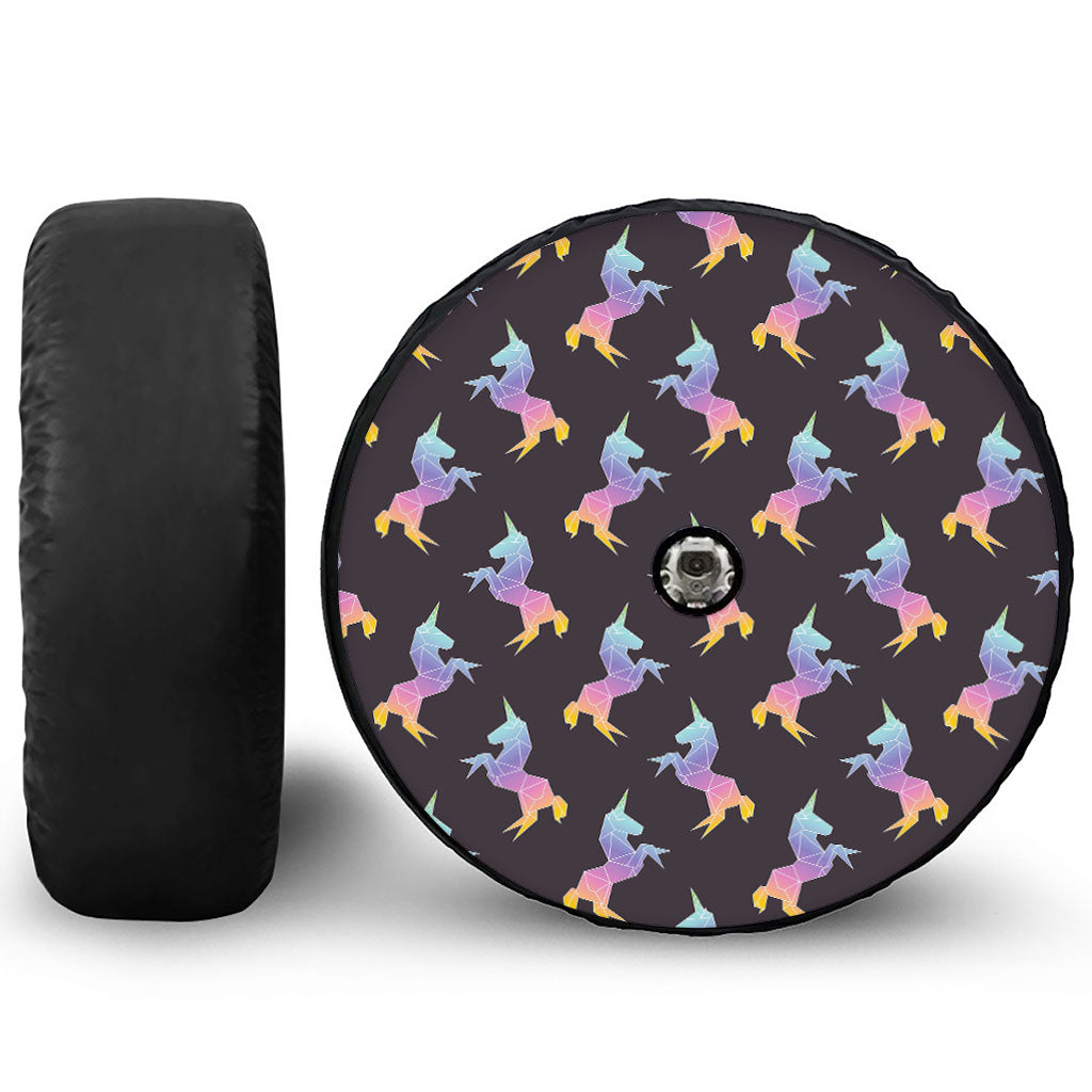 Rainbow Origami Unicorn Pattern Print Tire Cover With Camera Hole