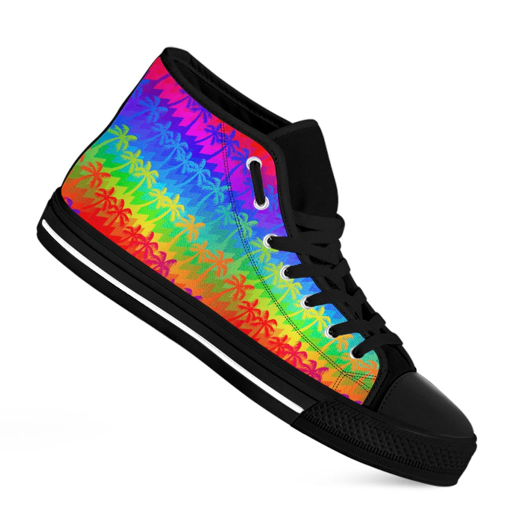 Rainbow Palm Tree Pattern Print Black High Top Sneakers