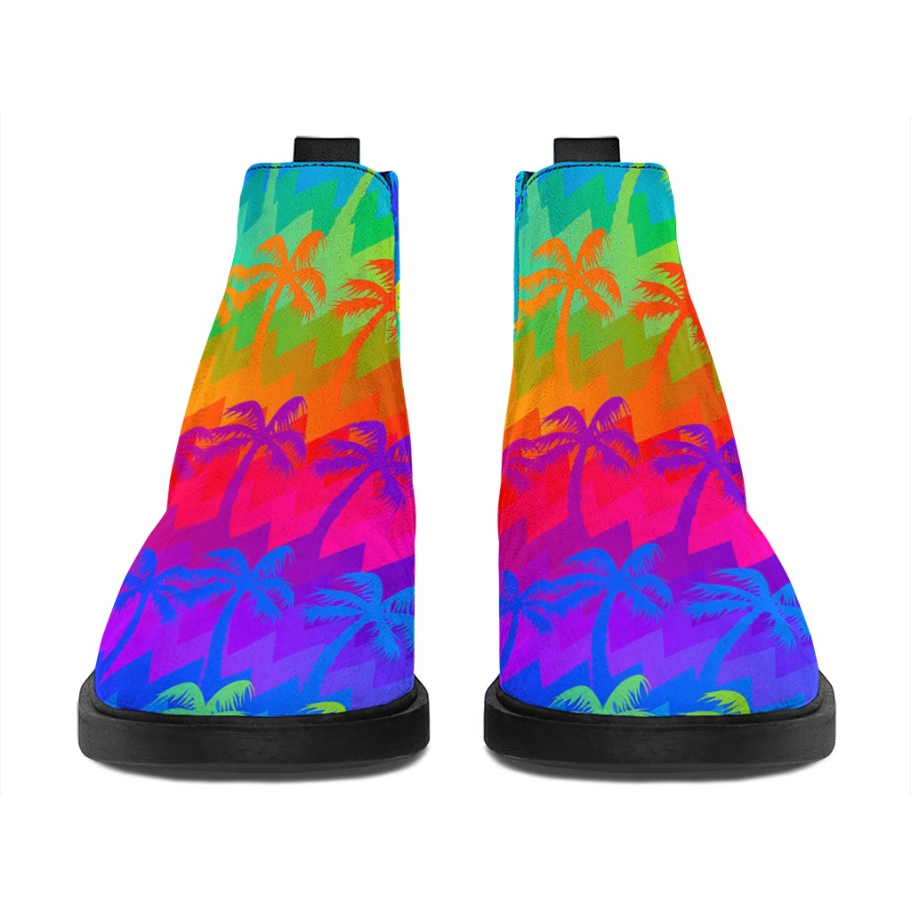 Rainbow Palm Tree Pattern Print Flat Ankle Boots