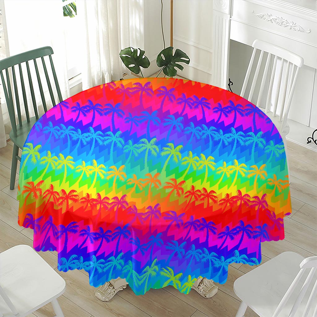 Rainbow Palm Tree Pattern Print Waterproof Round Tablecloth
