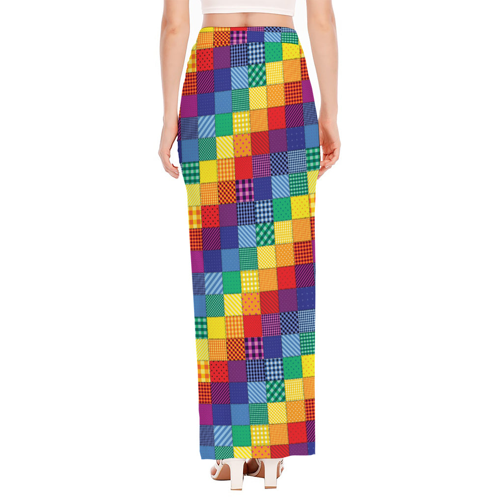 Rainbow Patchwork Pattern Print High Slit Maxi Skirt