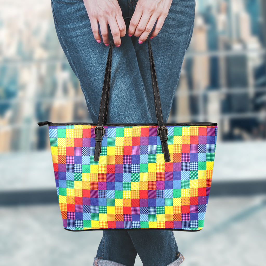 Rainbow Patchwork Pattern Print Leather Tote Bag