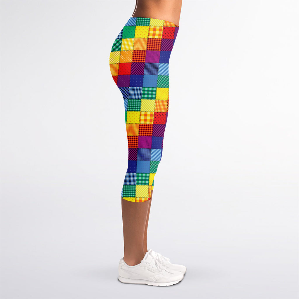 Rainbow Patchwork Pattern Print Women's Capri Leggings