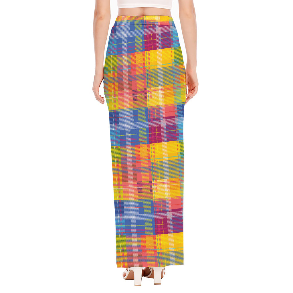Rainbow Plaid Pattern Print High Slit Maxi Skirt