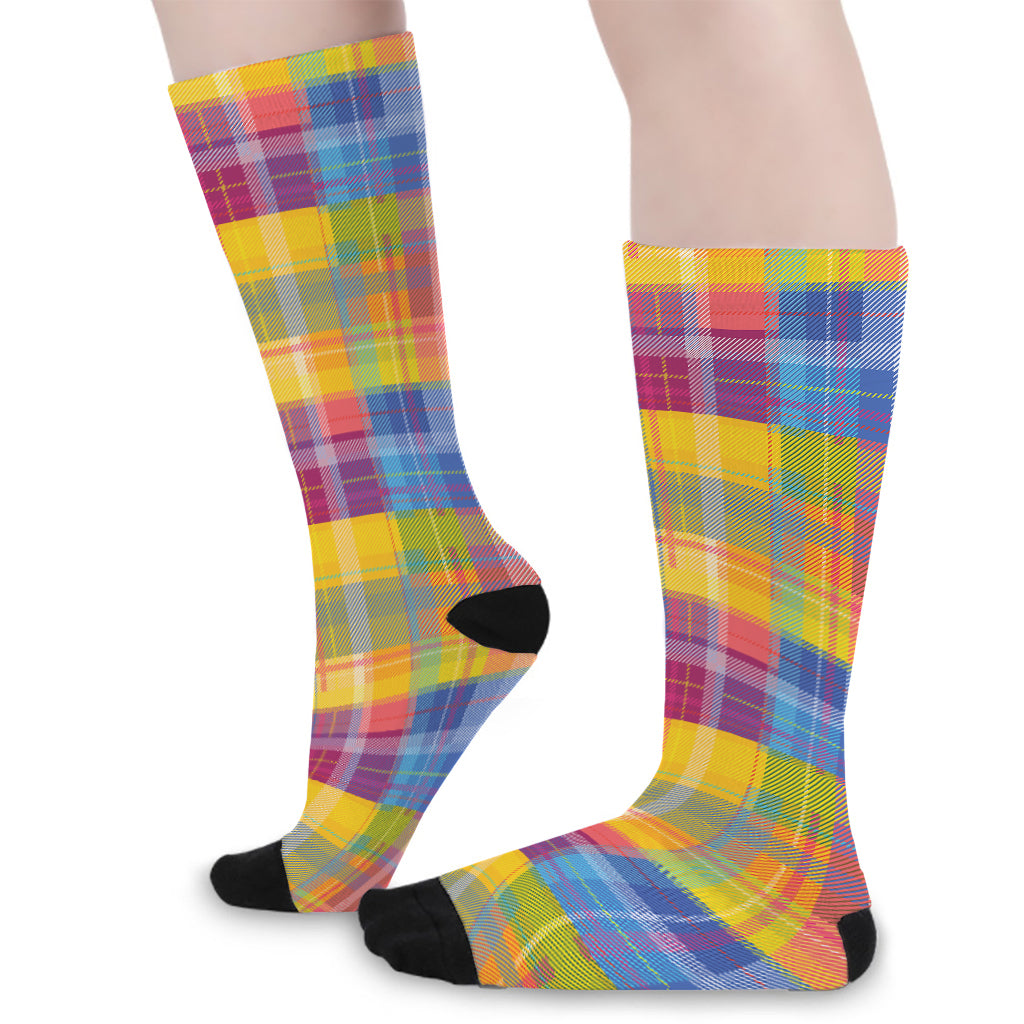 Rainbow Plaid Pattern Print Long Socks