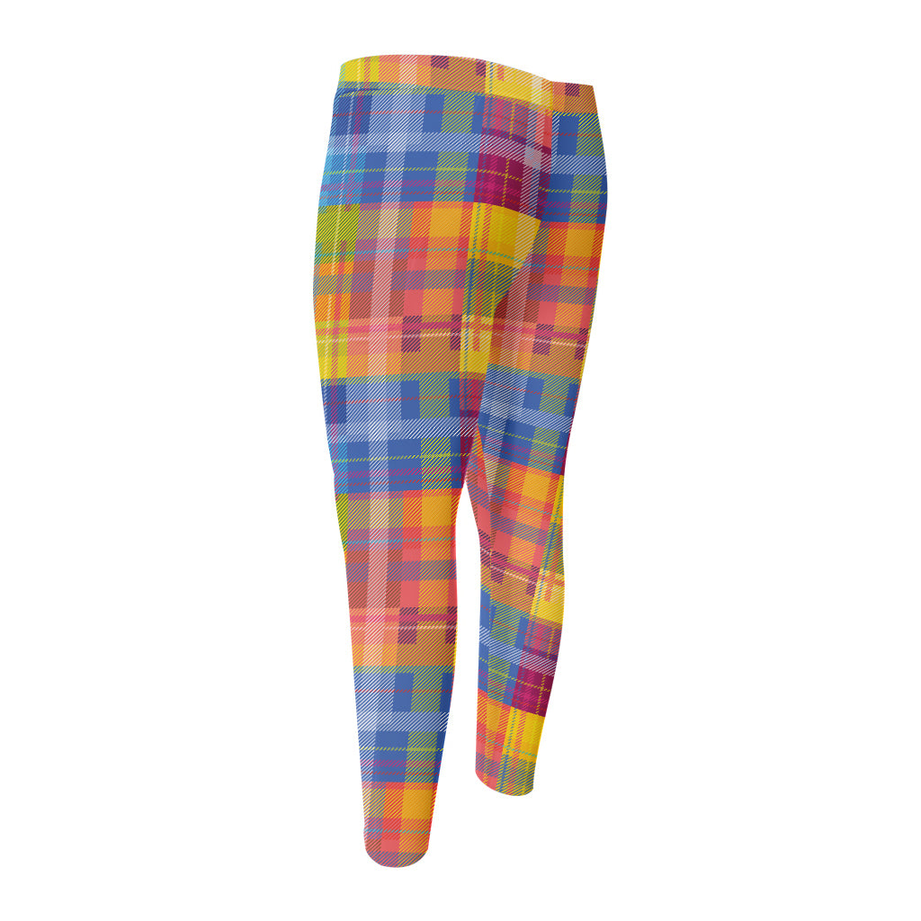 Rainbow Plaid Pattern Print Men's Compression Pants