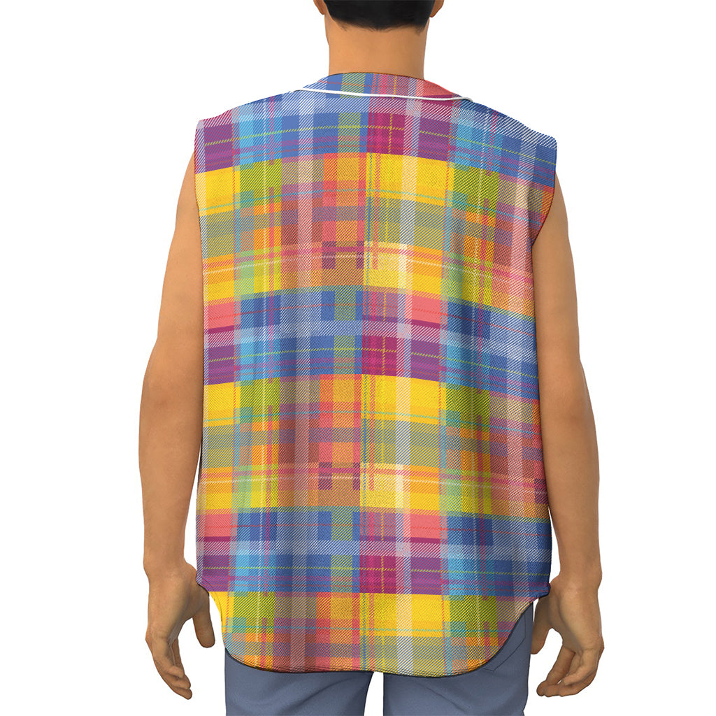Rainbow Plaid Pattern Print Sleeveless Baseball Jersey