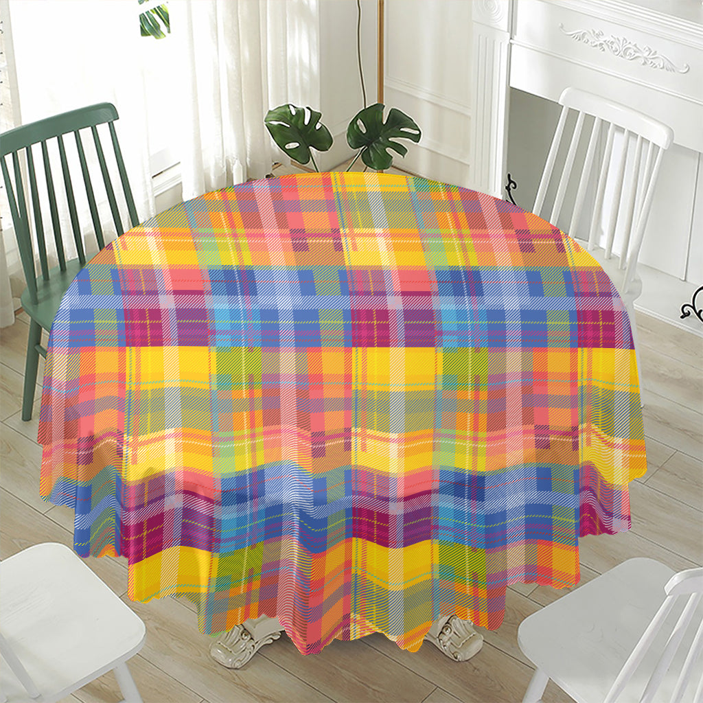Rainbow Plaid Pattern Print Waterproof Round Tablecloth