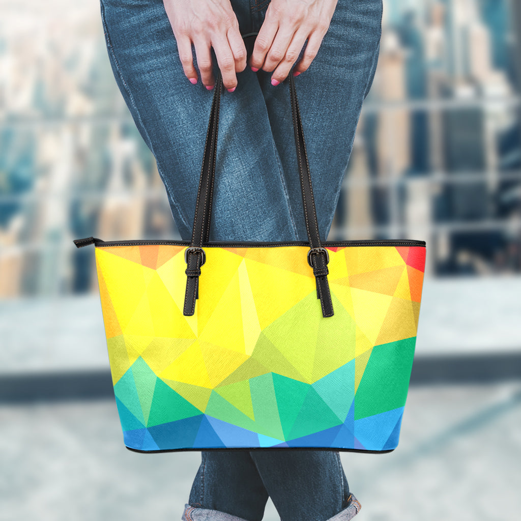 Rainbow Polygonal Geometric Print Leather Tote Bag