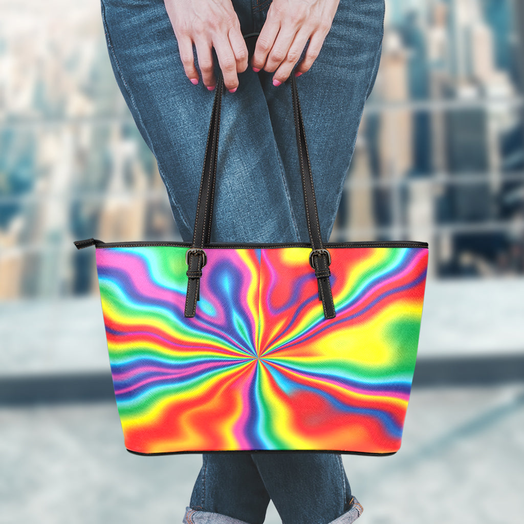 Rainbow Psychedelic Print Leather Tote Bag
