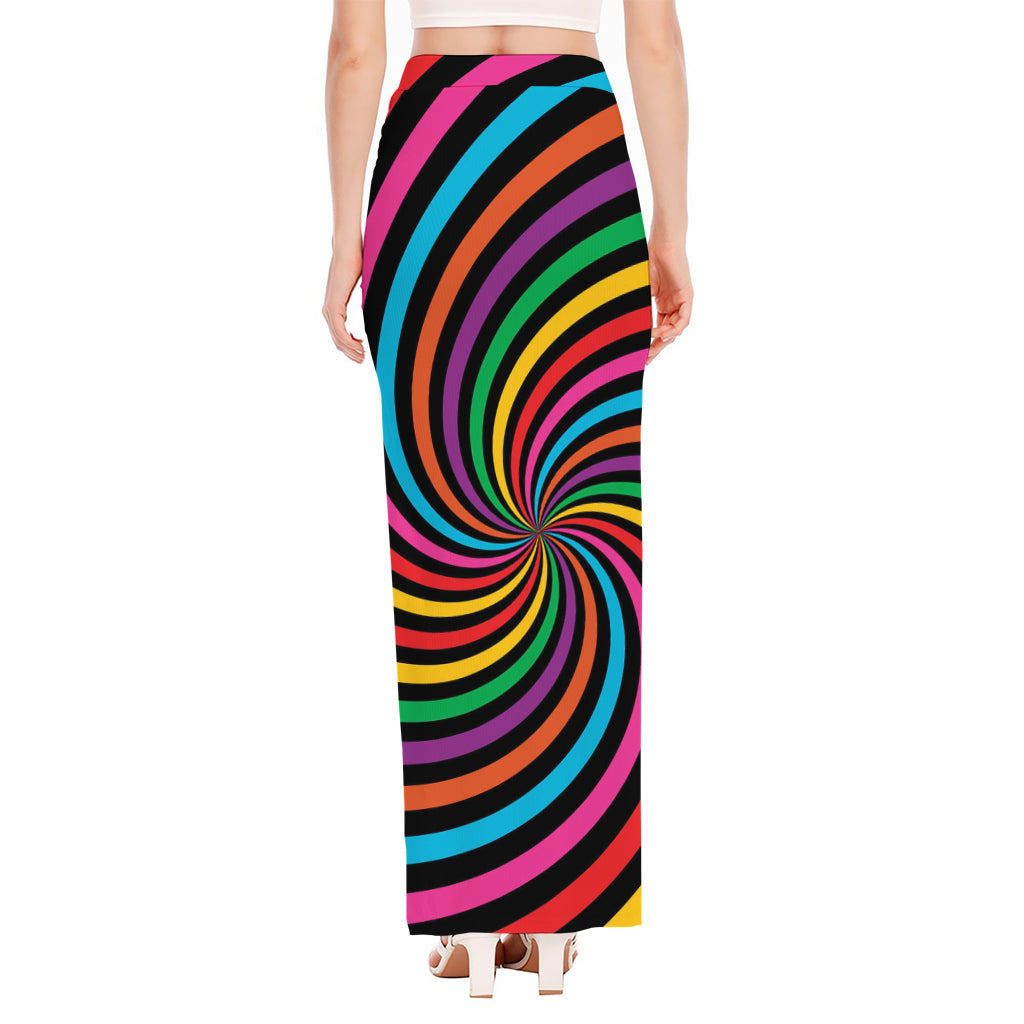 Rainbow Psychedelic Swirl Print High Slit Maxi Skirt