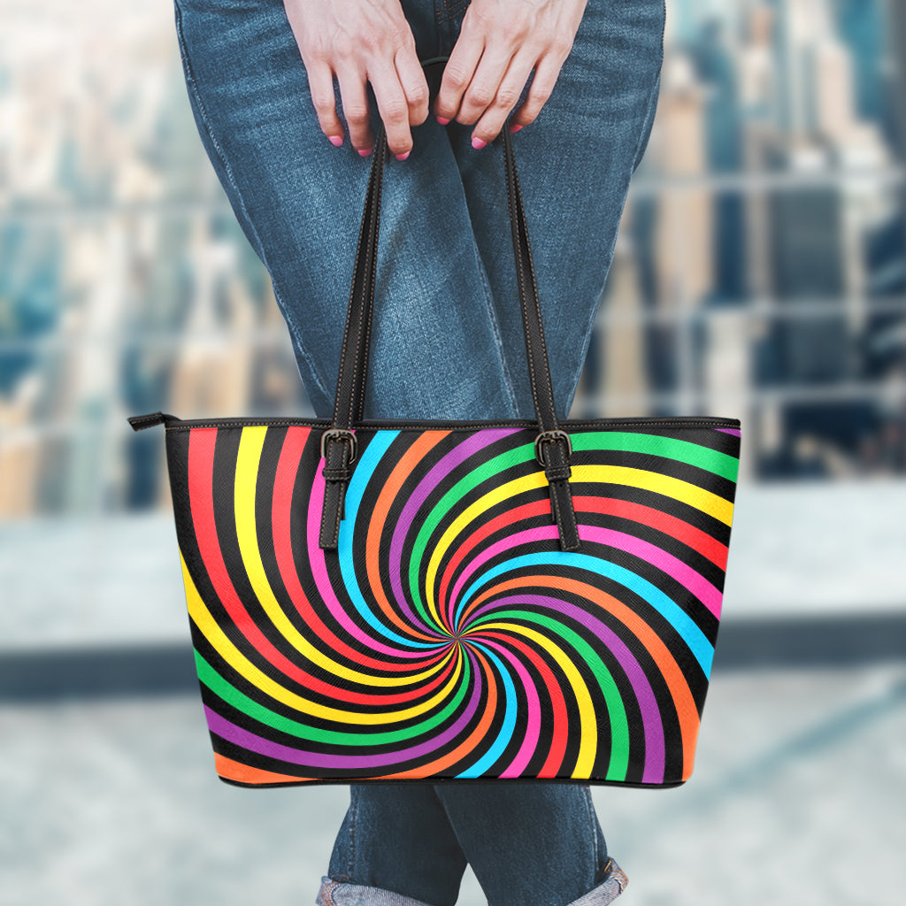 Rainbow Psychedelic Swirl Print Leather Tote Bag