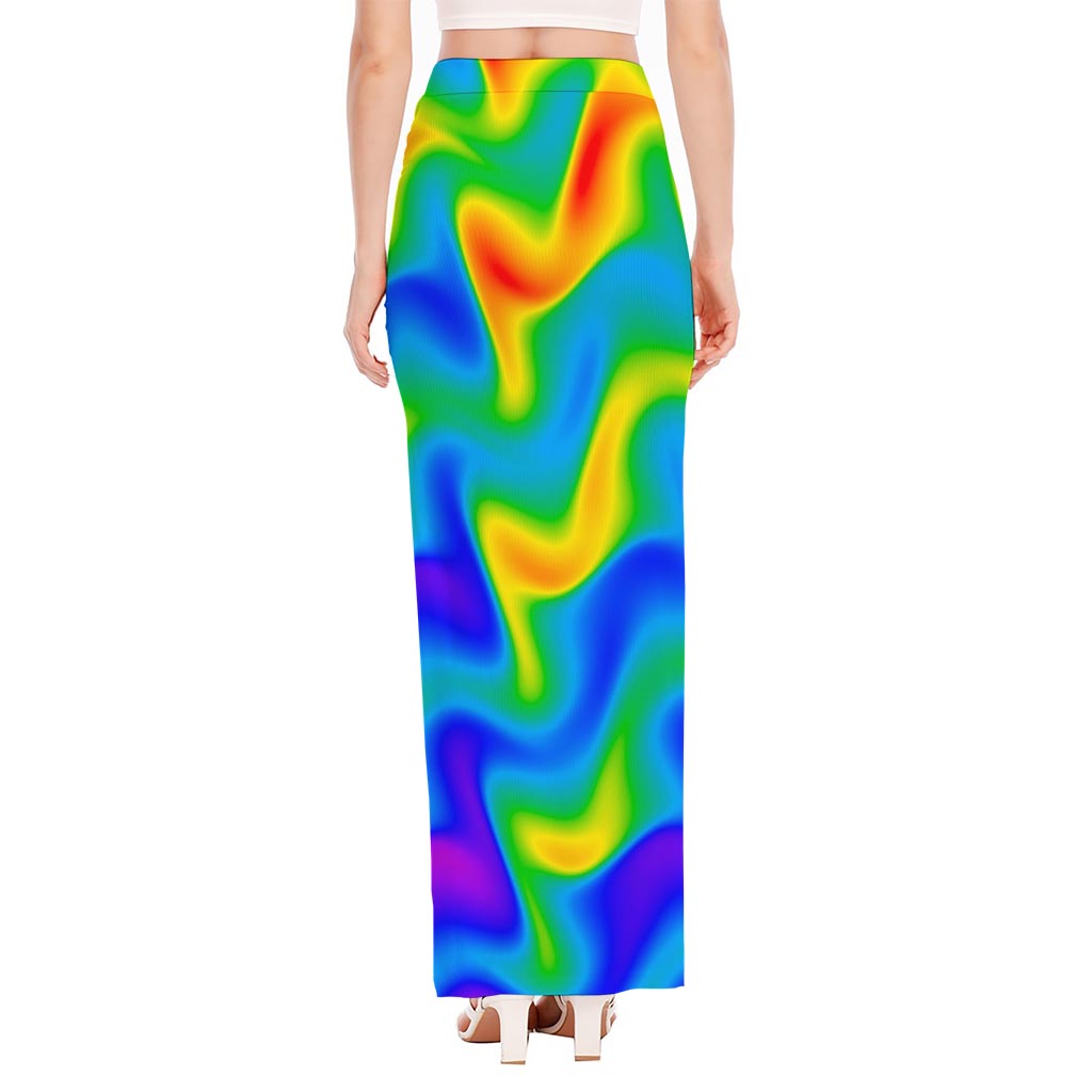 Rainbow Psychedelic Trippy Print High Slit Maxi Skirt