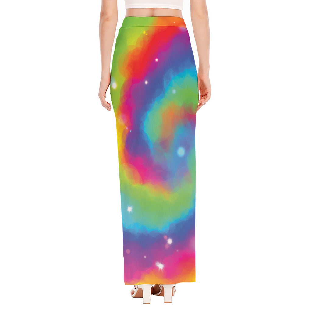 Rainbow Spiral Tie Dye Print High Slit Maxi Skirt