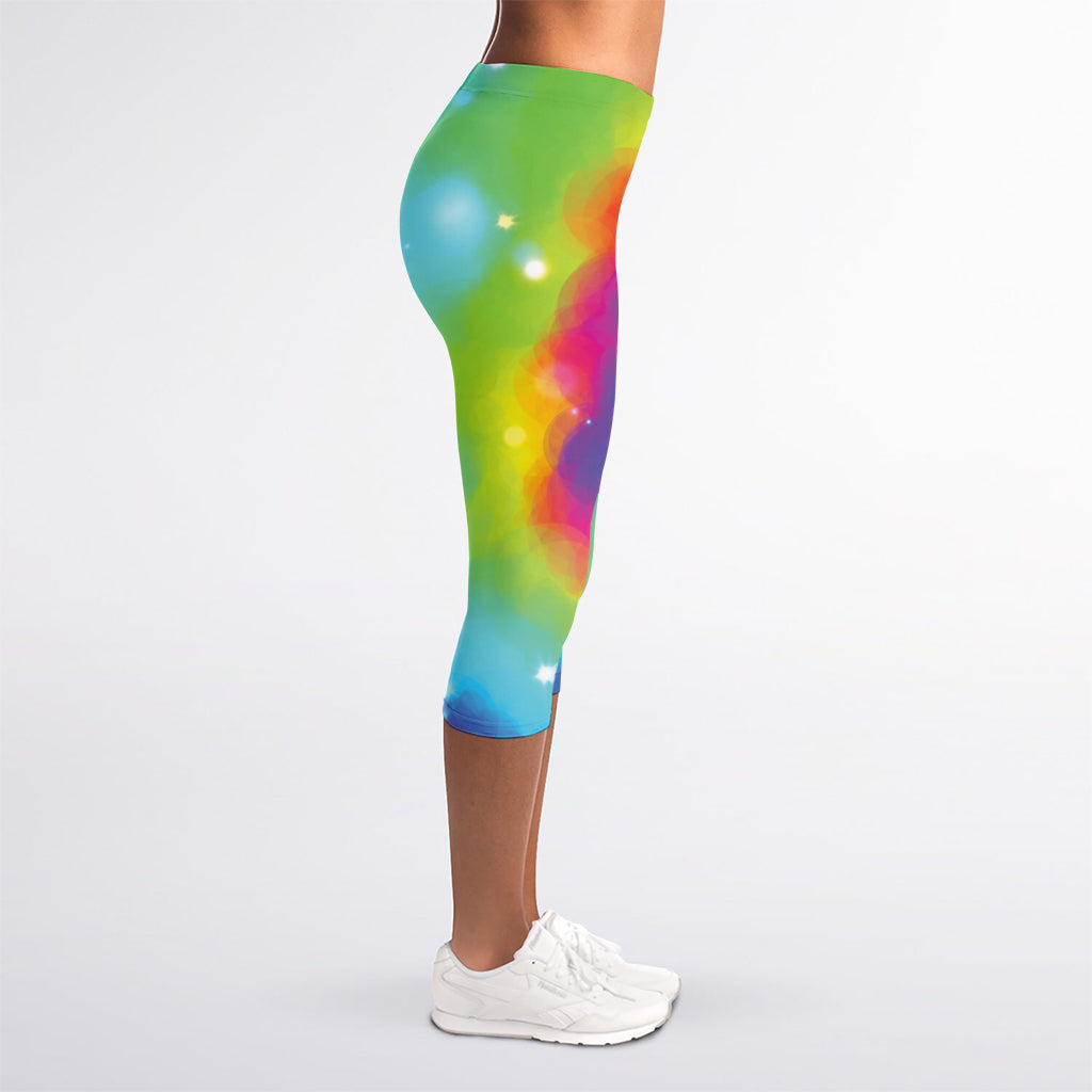 Rainbow Spiral Tie Dye Print Women's Capri Leggings