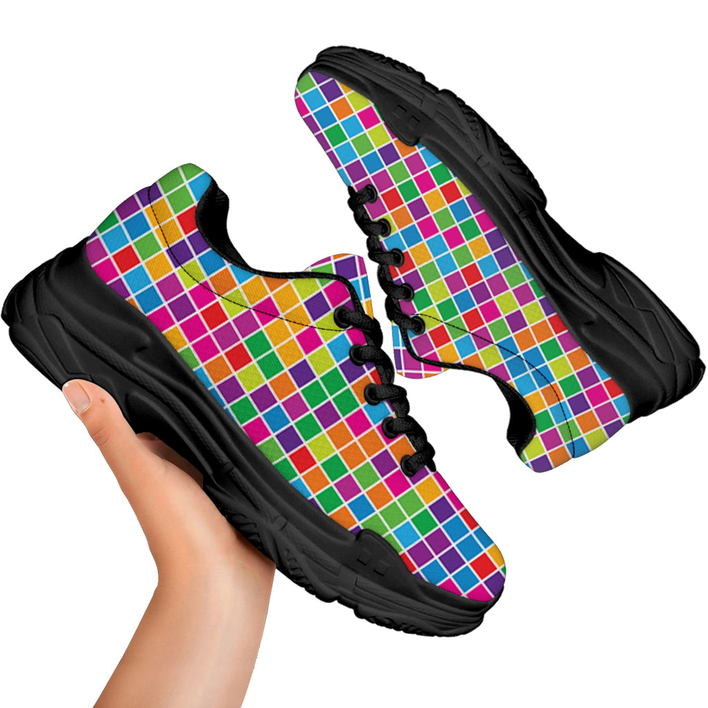 Rainbow Squares Pattern Print Black Chunky Shoes