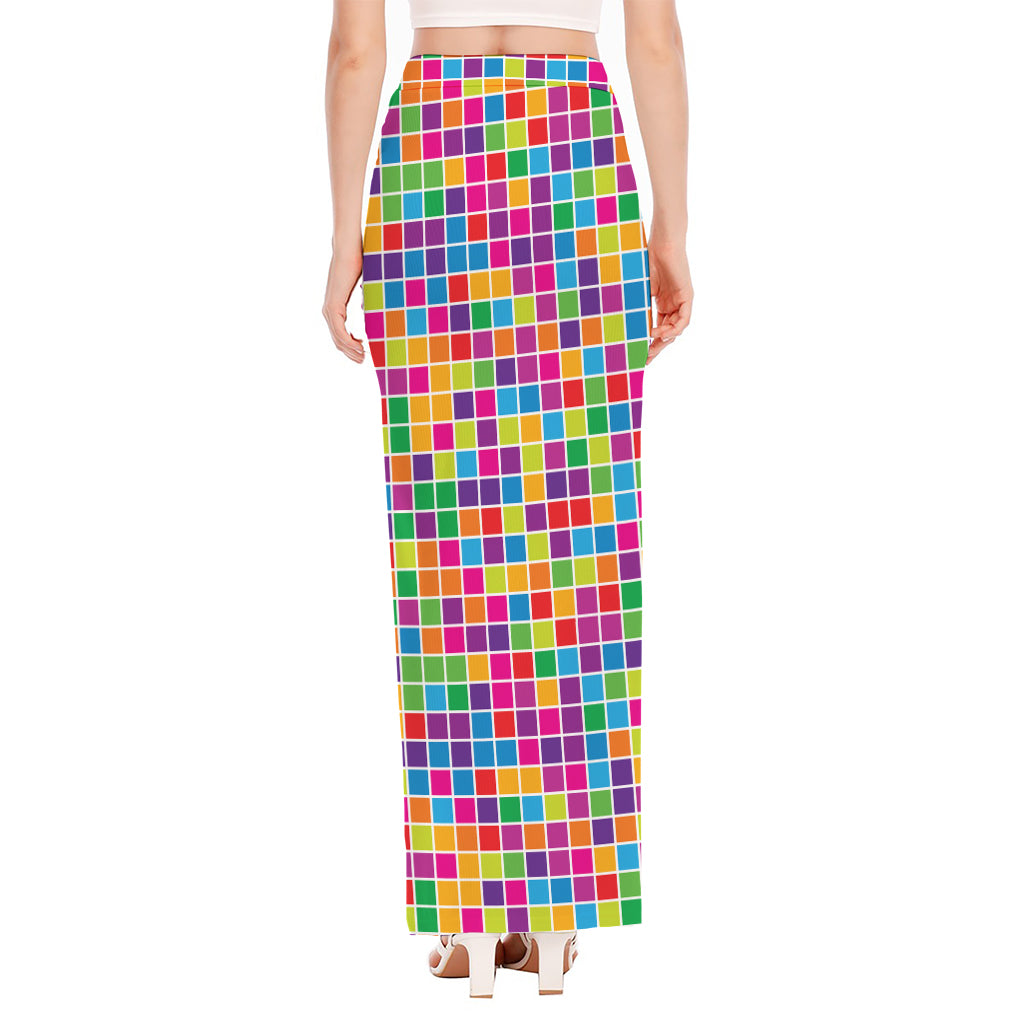 Rainbow Squares Pattern Print High Slit Maxi Skirt