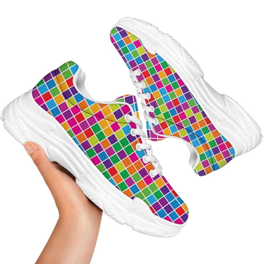 Rainbow Squares Pattern Print White Chunky Shoes