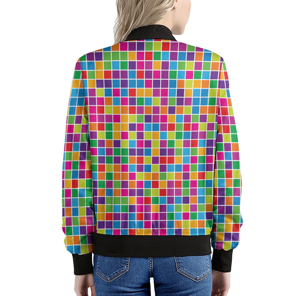 Rainbow Squares Pattern Print Women's Bomber Jacket