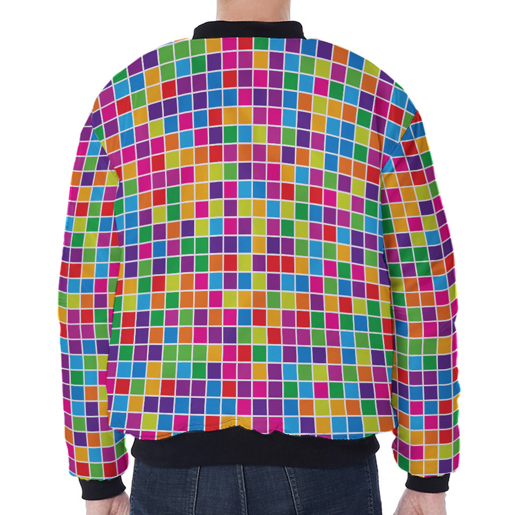 Rainbow Squares Pattern Print Zip Sleeve Bomber Jacket