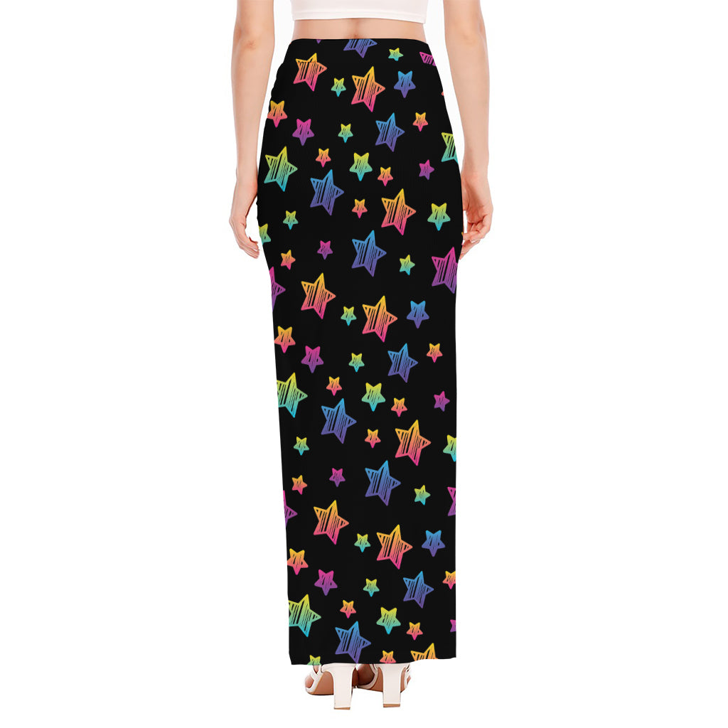 Rainbow Stars Pattern Print High Slit Maxi Skirt