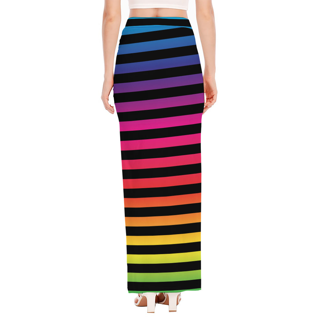 Rainbow Striped Pattern Print High Slit Maxi Skirt