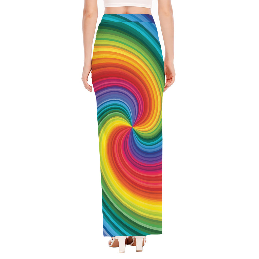 Rainbow Swirl Print High Slit Maxi Skirt