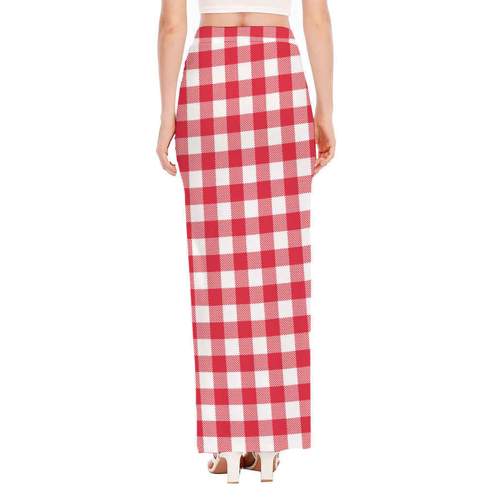 Raspberry Red And White Gingham Print High Slit Maxi Skirt