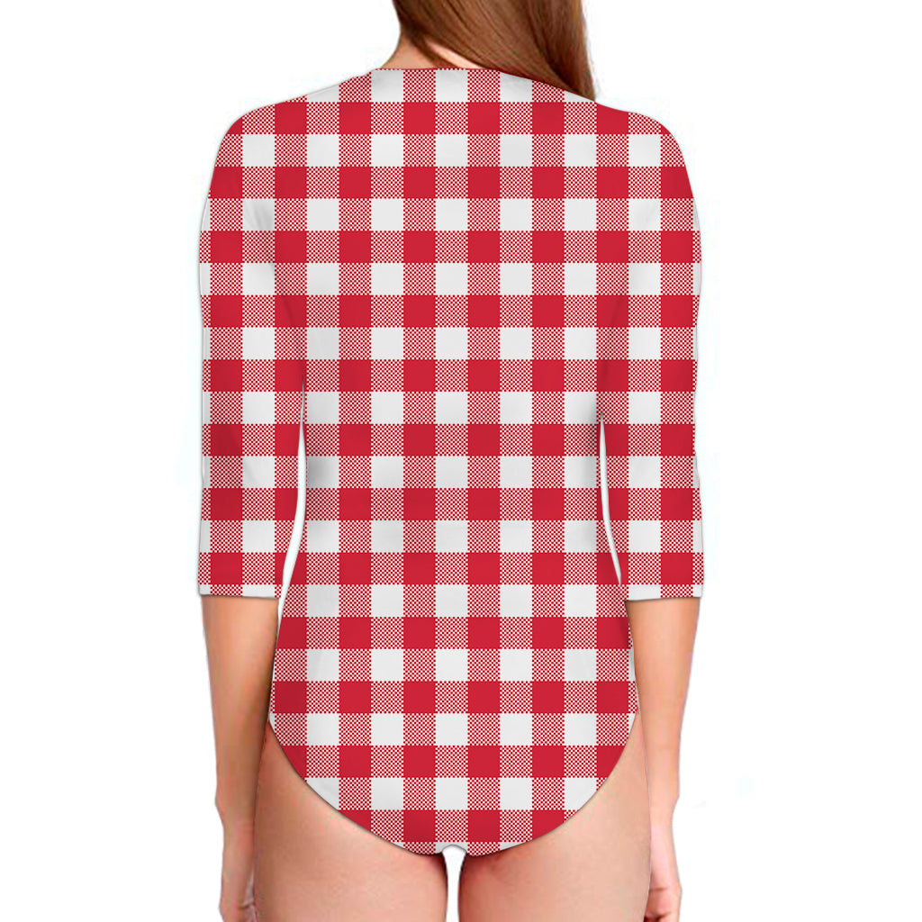 Raspberry Red And White Gingham Print Long Sleeve Swimsuit