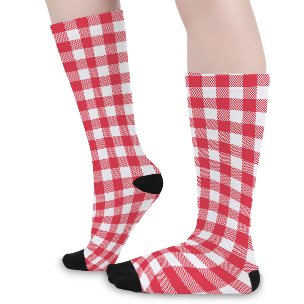 Raspberry Red And White Gingham Print Long Socks