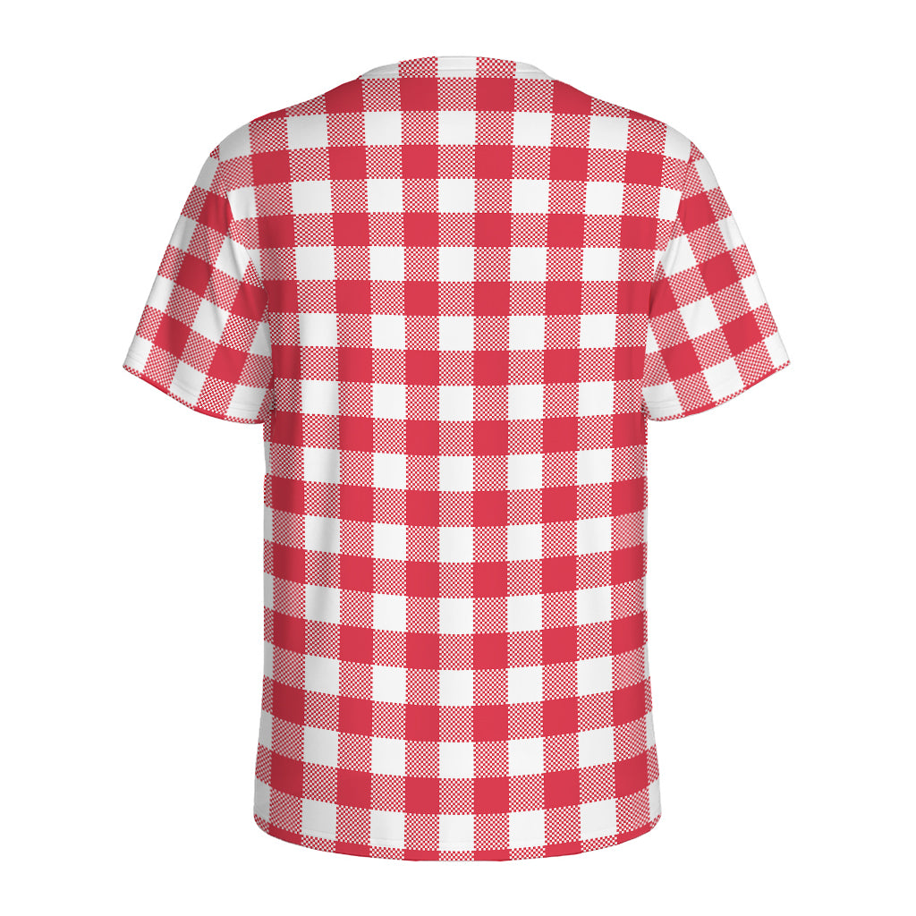 Raspberry Red And White Gingham Print Men's Sports T-Shirt