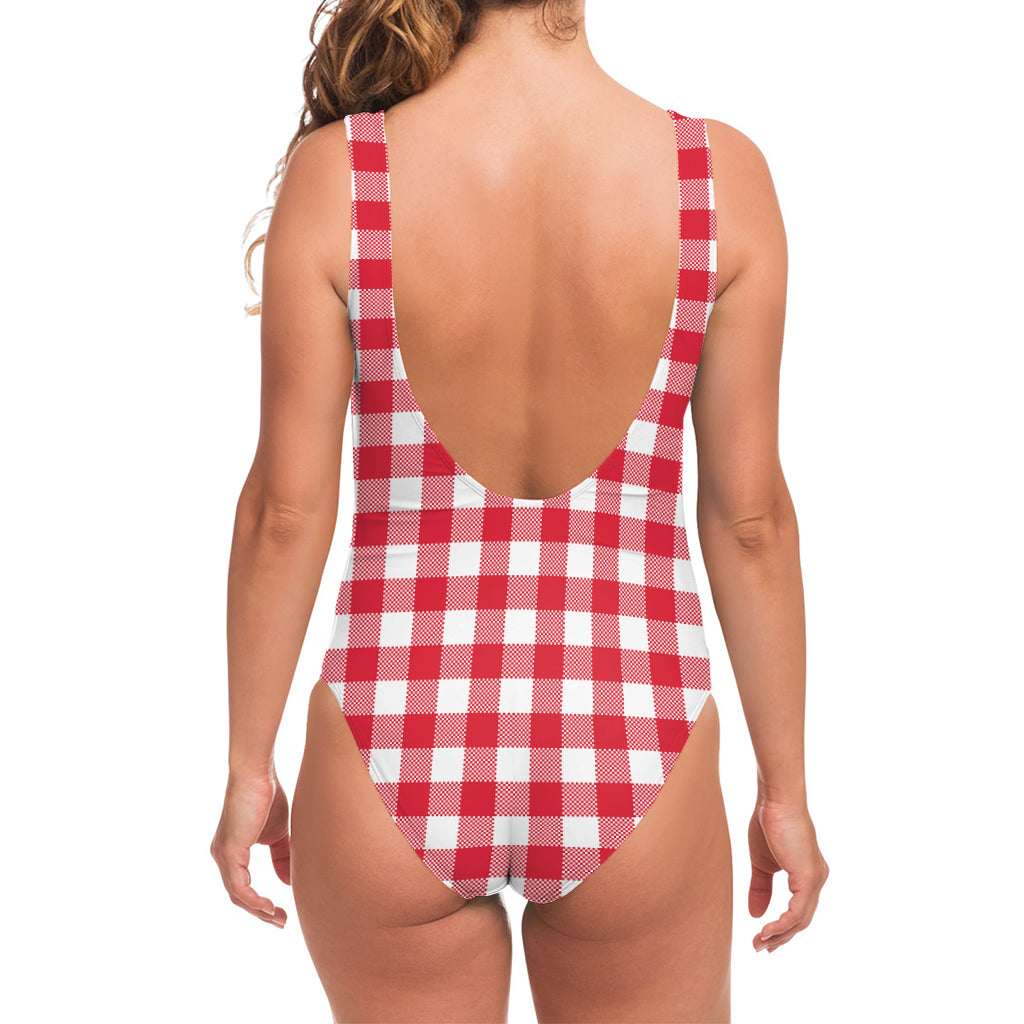 Raspberry Red And White Gingham Print One Piece Swimsuit