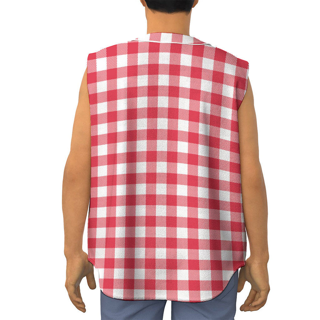 Raspberry Red And White Gingham Print Sleeveless Baseball Jersey