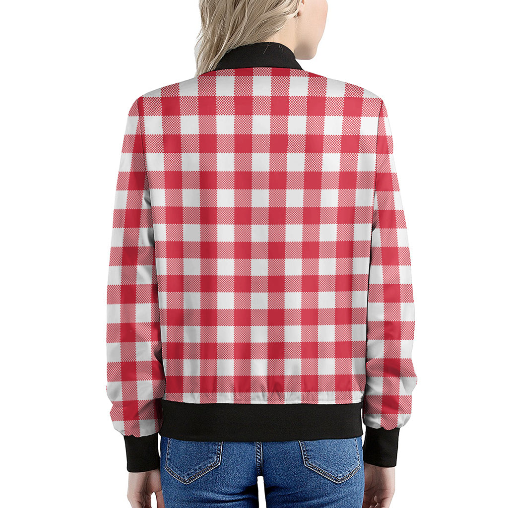 Raspberry Red And White Gingham Print Women's Bomber Jacket