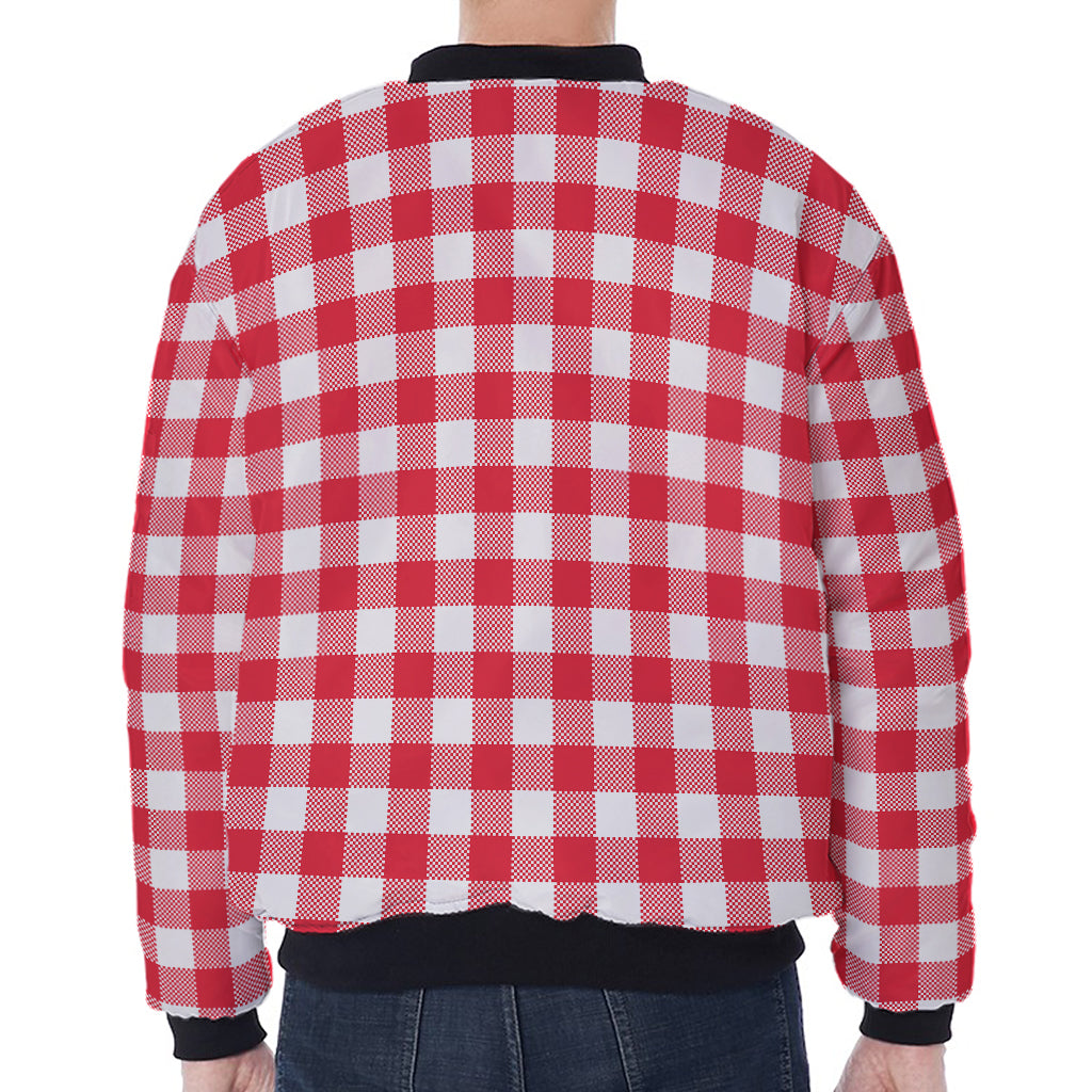 Raspberry Red And White Gingham Print Zip Sleeve Bomber Jacket