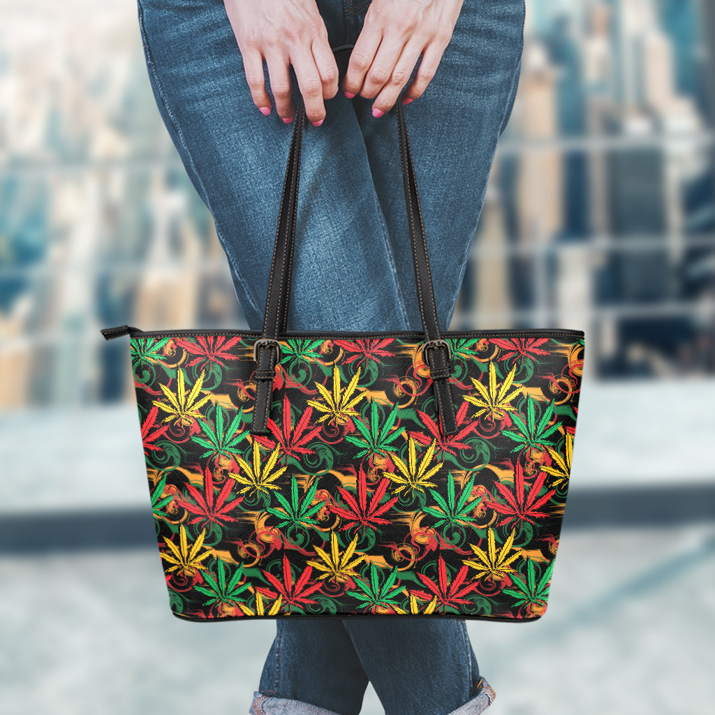Rasta Marijuana Pattern Print Leather Tote Bag