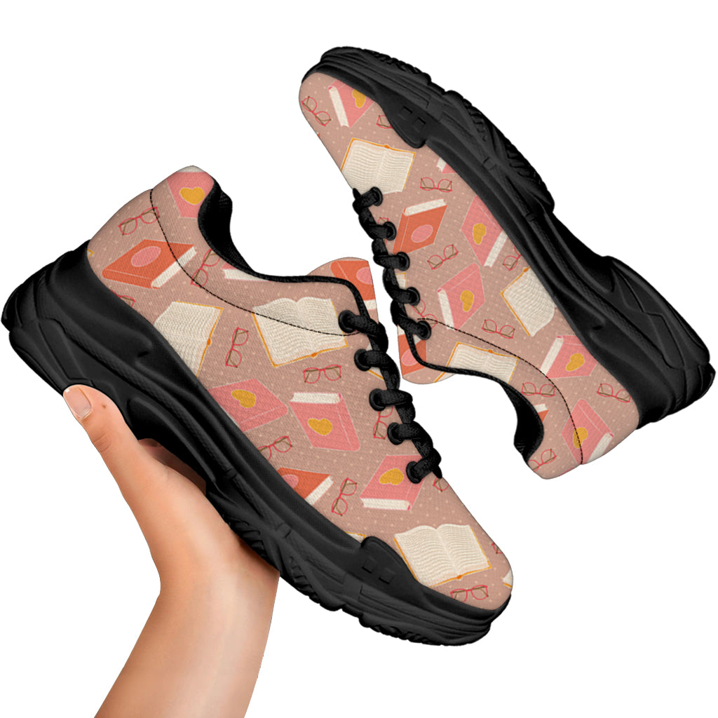 Reading Books And Glasses Pattern Print Black Chunky Shoes