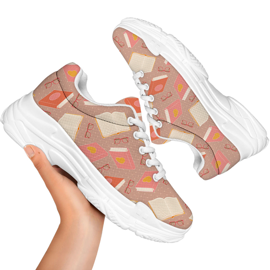 Reading Books And Glasses Pattern Print White Chunky Shoes